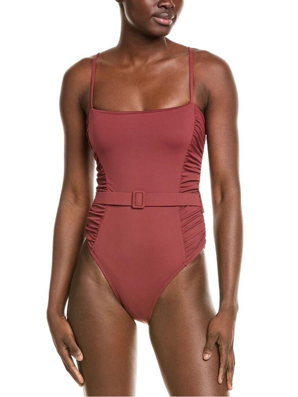 Hutch Jenny Rust-Brown Square Neck One-Piece Swimsuit with Belt